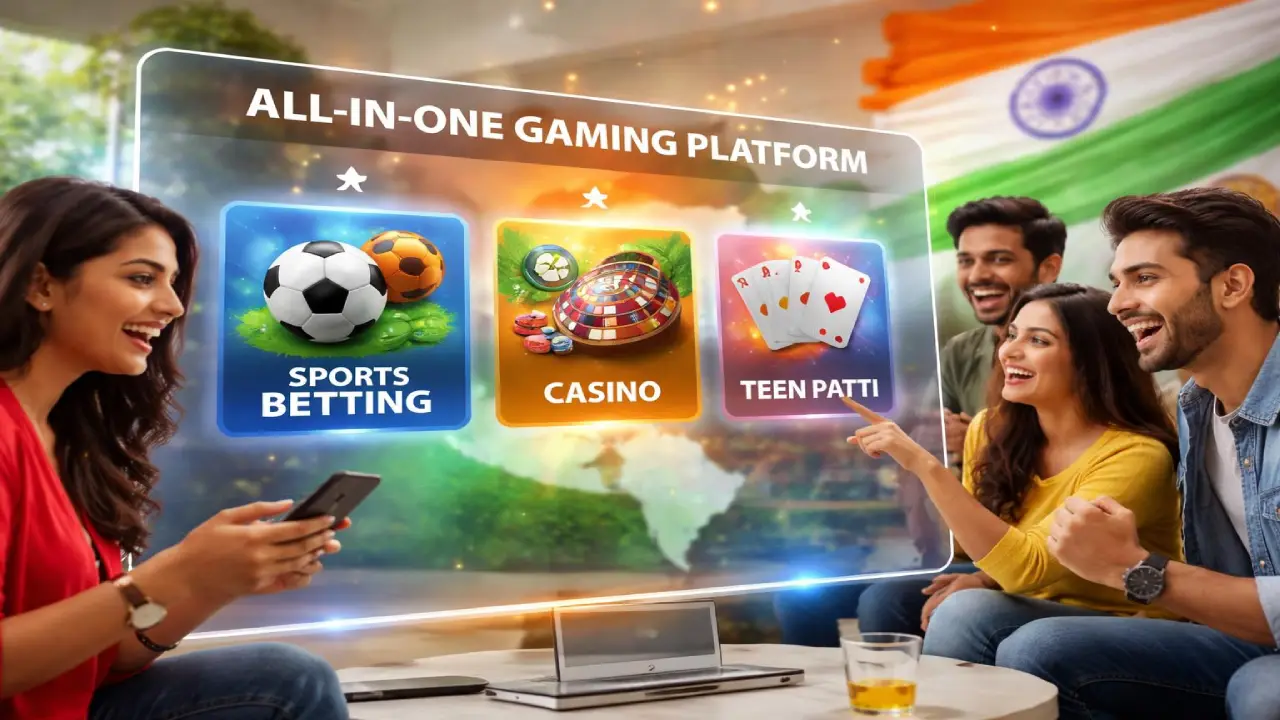 Group of friends using a mobile device with an all-in-one gaming platform interface showing sports betting, casino games, and Teen Patti with Indian theme background