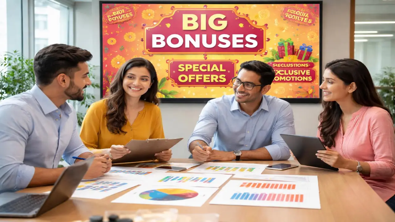 Group of people discussing marketing strategies with screen showing big bonuses, special offers, and exclusive casino promotions for online gaming platform