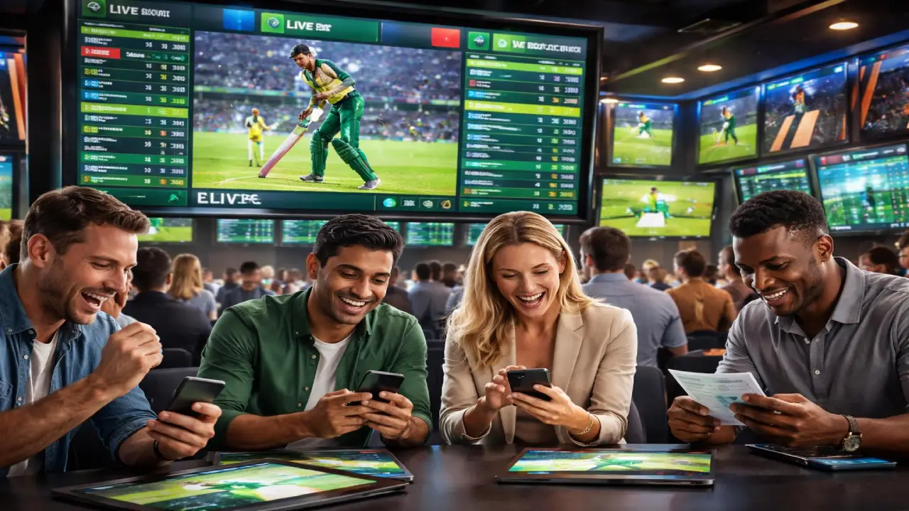 Group of people using smartphones in a sportsbook environment watching live cricket match with real-time betting odds and multiple screens displaying live sports data