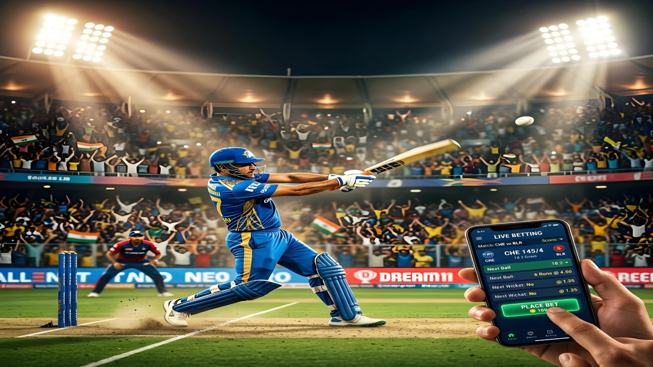 IPL cricket match with batsman hitting a shot while a bettor places a live bet on mobile phone showing real-time odds