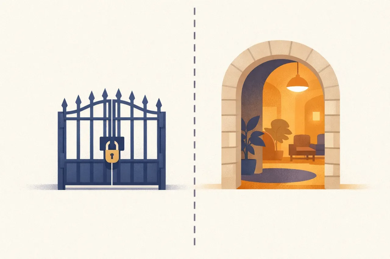 A national boundary line with a locked Swedish gate on one side and an open international lobby on the other, illustrating what Casinoanders.co says about playing outside Spelpaus